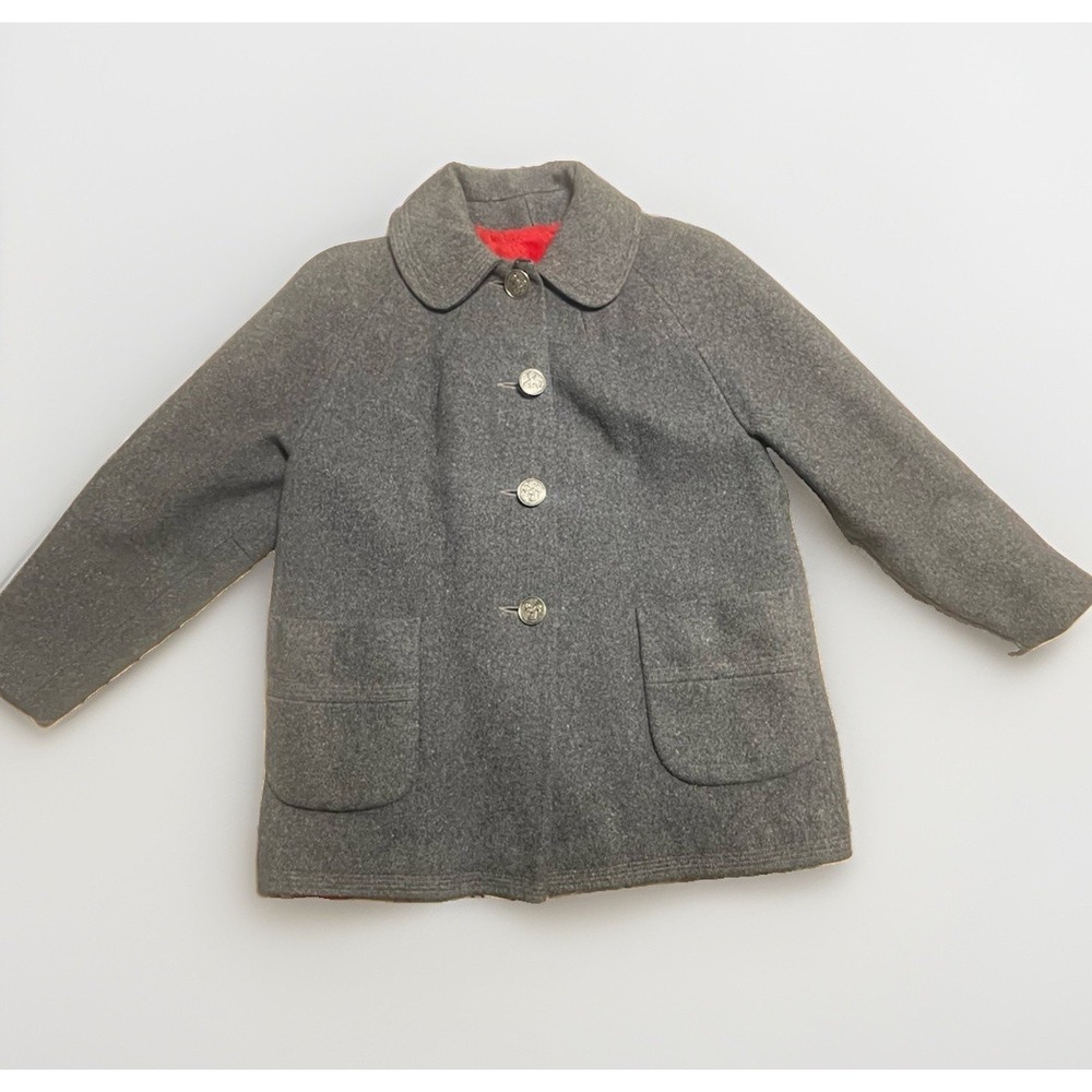 VTG 50s 60s ILGWU Charcoal Wool Car Coat Red Faux Fur Lining Carriage Buttons M